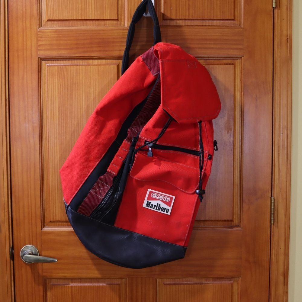 Marlboro Vintage Red Black Large Duffel Bag Drawstring Shoulder Strap Pocket